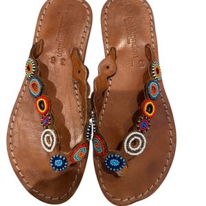 Laidback Londo Brown Leather Sandals with Colorful Beading Size 36